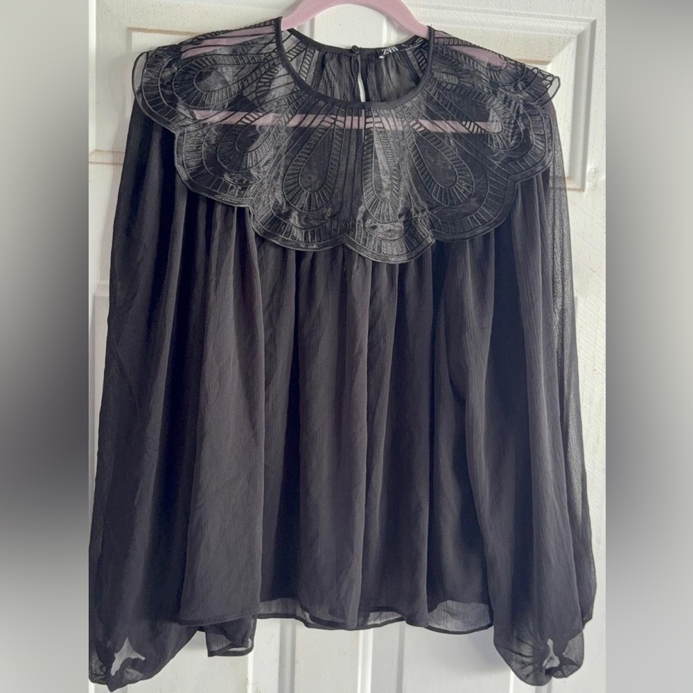 Zara Black Midi Skirt with Embroidered Overlay